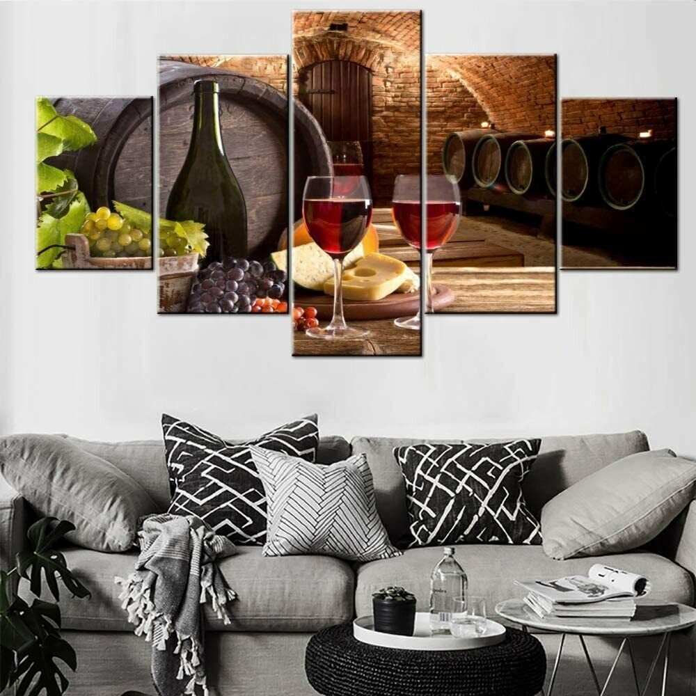 Red Wine Cellar Barrel Fruit Grape 5 Piece canvas Wall Art Print Home Decor