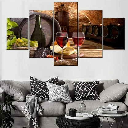 Red Wine Cellar Barrel Fruit Grape 5 Piece canvas Wall Art Print Home Decor