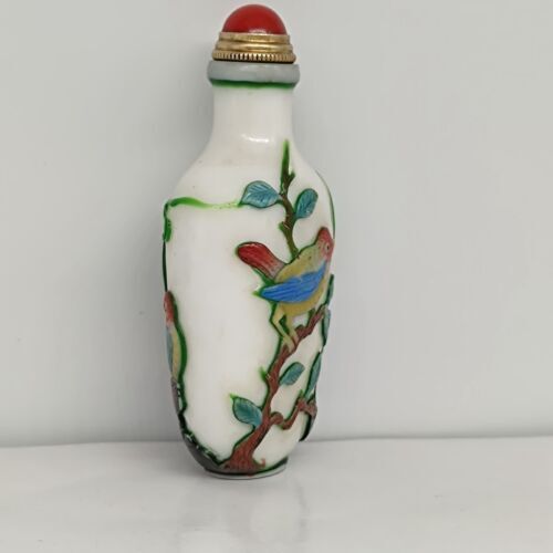chinese carved tree bird statue peking glass snuff bottle painted Carving glaze