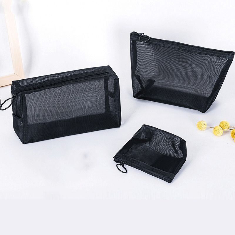 Transparent Black Mesh Cosmetic Bag Travel Makeup Pouch Zipper Toiletry Storage