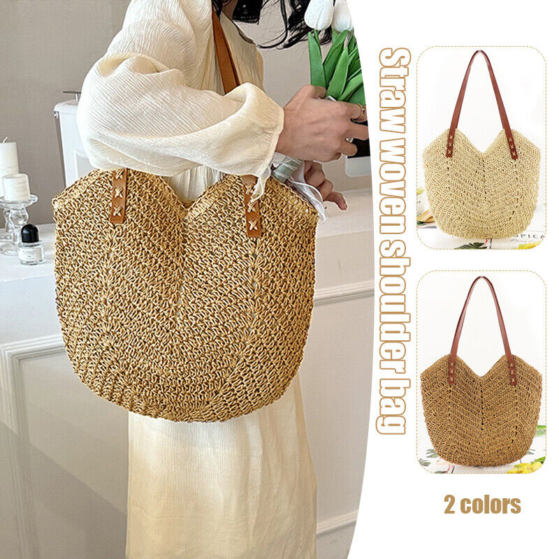 Women Boho Straw Woven Rattan Handbag Tote Bag Hollow Shoulder Bag Summer Beach