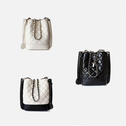 Small Quilted Real Leather Bucket Shoulder Bag Tote Purse Handbag Fashion Chains