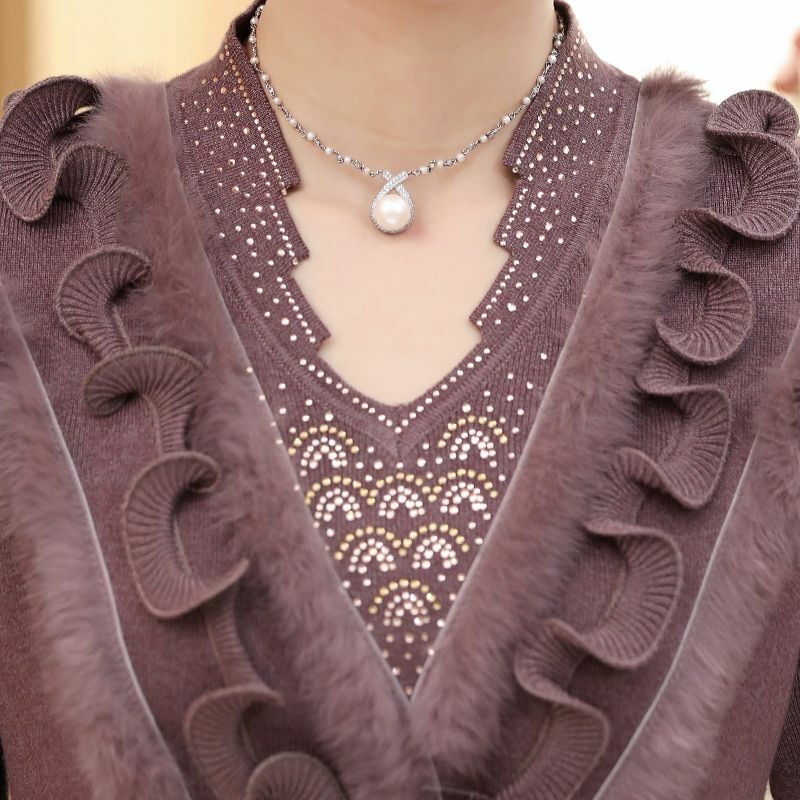Women Sweater Cashmere Woolen Plus Size Embroidering Diamond - Studded Pullover