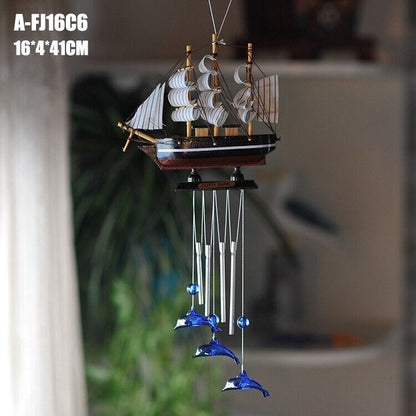 Wind Chimes Mediterranean Style Sailing Boat Ocean Series Dolphin 16x4x41cm Wood
