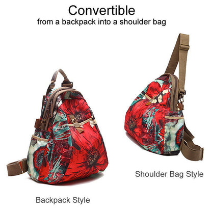 Convertible Floral Nylon Backpack Rucksack Purse Shoulder Bag Travel 2 sizes