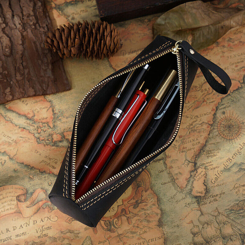 Handmade Cowhide Leather Pen Pouch Zipper Pencil Case Stationery Storage Pen Bag