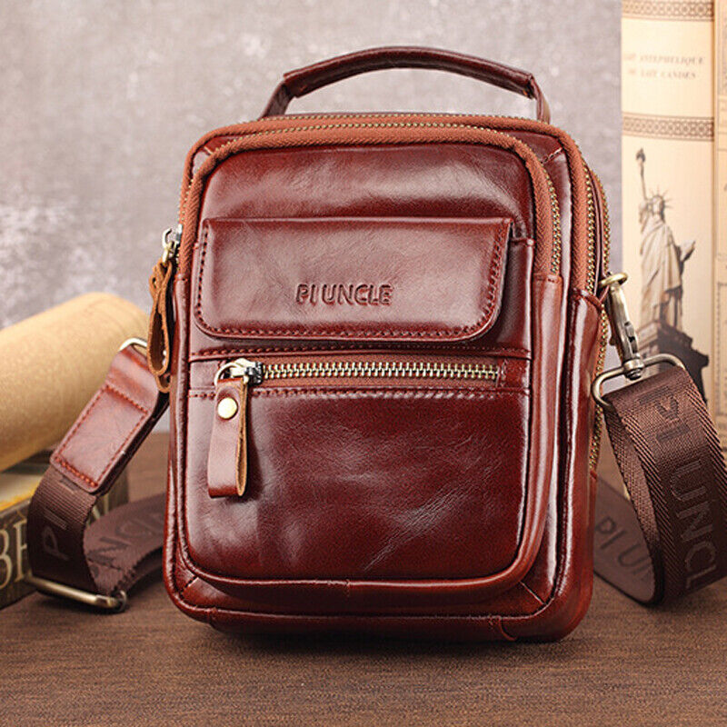 100% Genuine Leather Men's Sling Shoulder/Messenger Bag Double Zipper Handbags