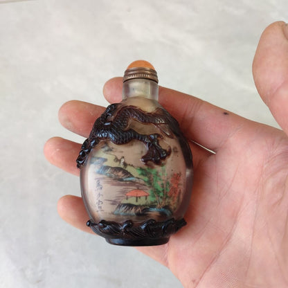 Chinese Carved Glass Snuff Bottle Inside Painting Dragon Sculpture Statue Rare
