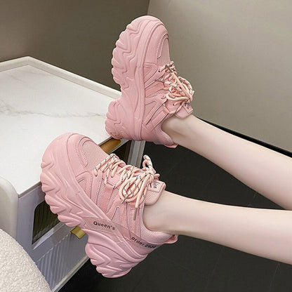 Women's Pink Sneakers Sports Shoes Woman Lace Up Thick Sole Shoes 2023