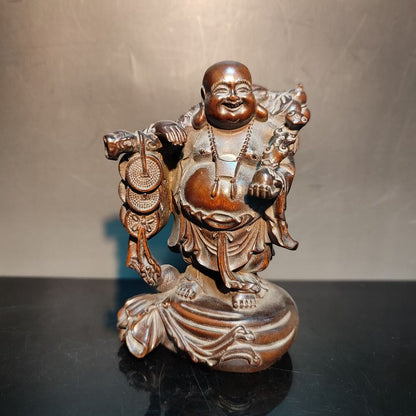 Boxwood carving wooden buddha statue wood laughing Amitabha ruyi decor praying