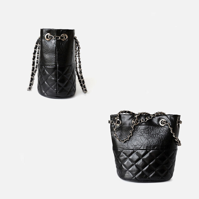 Small Mini Quilted Real Leather Bucket Tote Shoulder Bag Purse Clutch w/ Chain