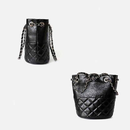 Small Mini Quilted Real Leather Bucket Tote Shoulder Bag Purse Clutch w/ Chain