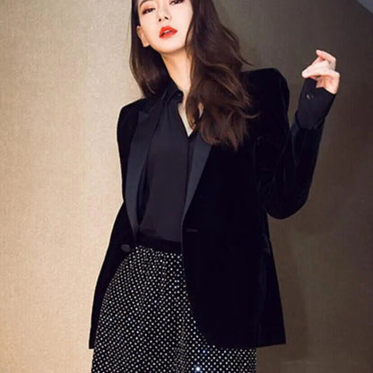 Women Velvet Blazer Coat Tops Black Jackets Autumn office lady small suit