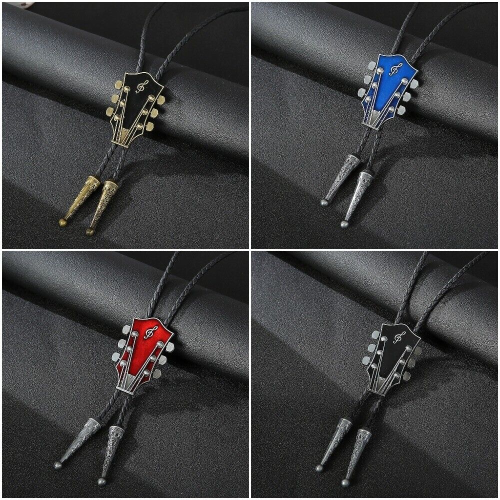 Men Fashion Music Guitar Bolo Ties Pendant Necklace Cowboy Leather Belt Neckties