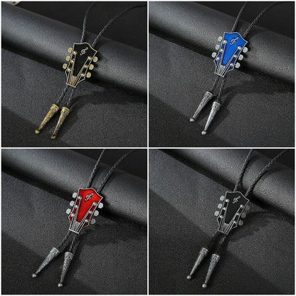 Men Fashion Music Guitar Bolo Ties Pendant Necklace Cowboy Leather Belt Neckties