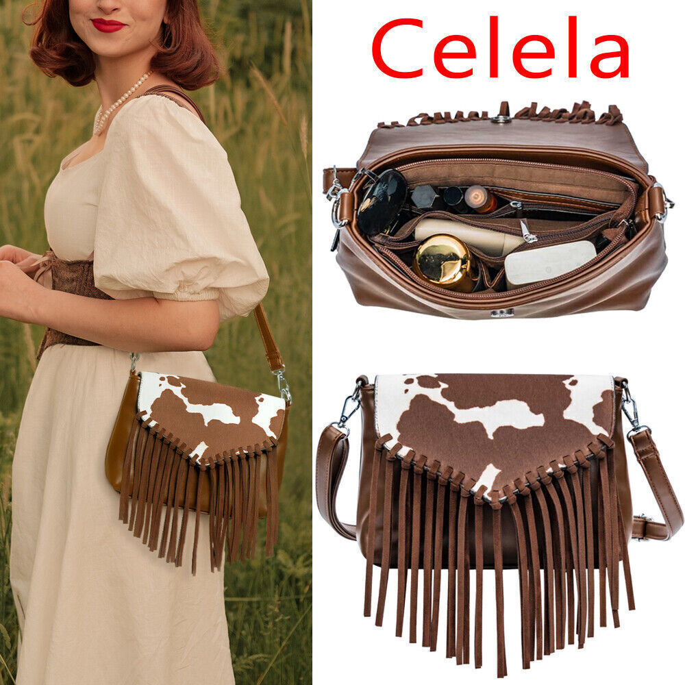 Celela Women Hair-on Cow Pattern Fringe Crossbody Handbag Shoulder Bags Purse