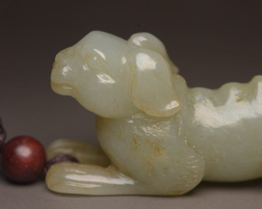 Chinese Old Natural Hetian Jade Hand Carving Exquisite Dog Statue Art Rare Gift