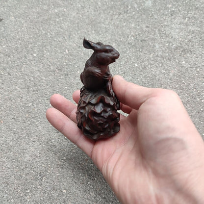 Wooden Carved Lucky Mini Rabbit Statue Gift Chinese Cabbage Money Ornament Decor