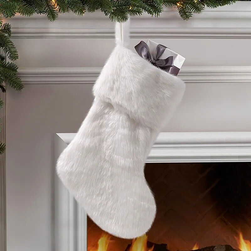Christmas Decorations White Plush Stocking Gift Bags Fireplace Ornaments 47x27cm