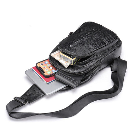 Mens Cow Leather Crocodile Pattern Chest Bag Sling Backpack Crossbody Travel Bag
