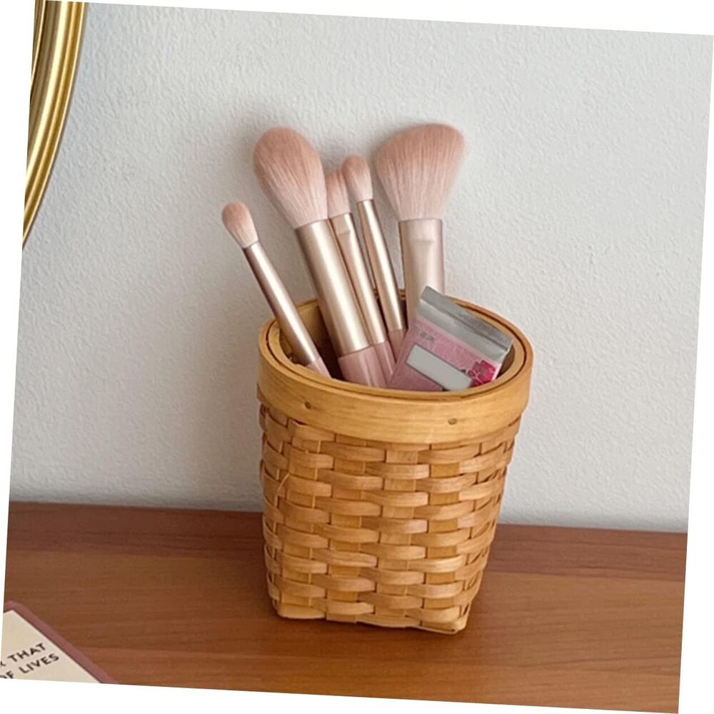 Wooden Pen Holder Woven Flower Arrangement Basket Makeup Brush Holder Desk Gift