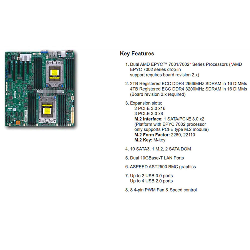 Supermicro H11DSi-NT Motherboard Socket SP3 240W TDP for Dual AMD EPYC 7002/7001