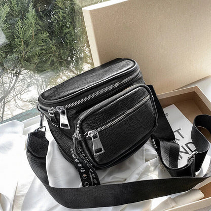 100% Cowhide Crossbody Bags Women Black Shoulder Handbags Bag Travel Saddle Bag