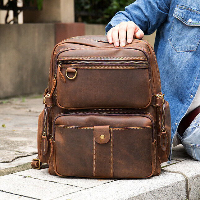 100% Crazy Horse Leather Men's Retro Backpack Travel Rucksack Daypack School Bag