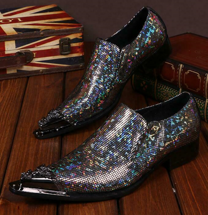 Men Leather Casual Nightclub Shiny Metal Pointy Toe Wedding Dress Business Shoes
