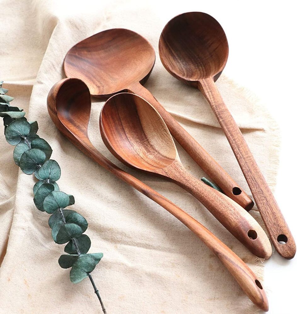 Handmade Wooden Soup Ladle Set Kitchen Spoon Set Utensils Natural Teak 4 Pieces