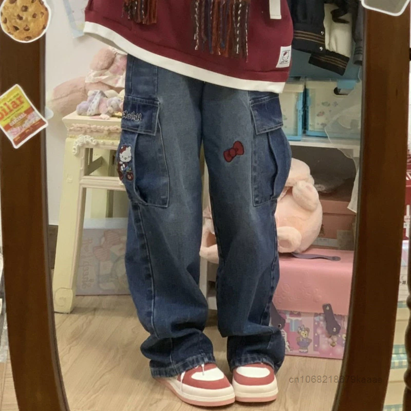 Hello Kitty Y2K Wide Leg Jeans Embroidered Workwear Wide Leg Pants