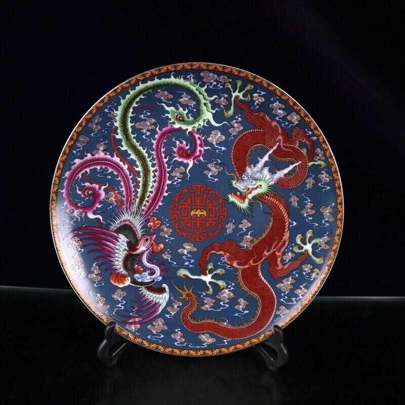 Old Chinese powder color porcelain Dragon phoenix plate Qianlong Mark