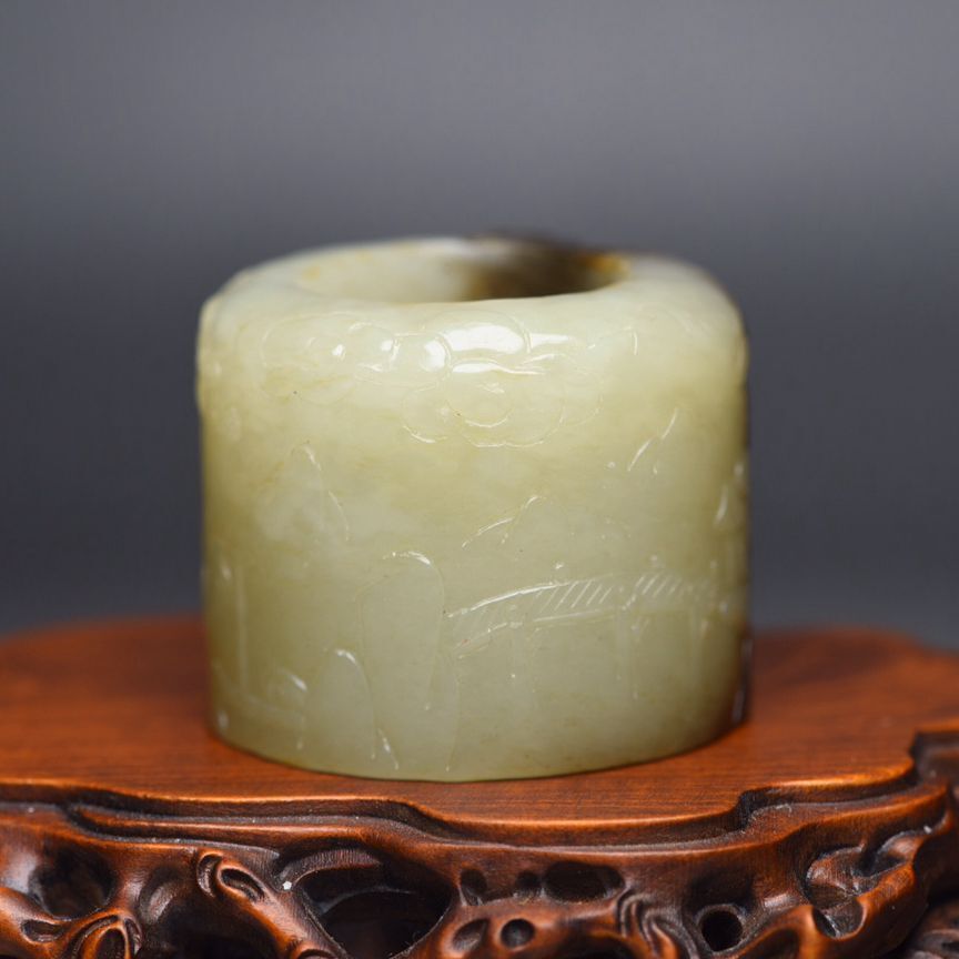 Chinese Natural Hetian Jade Carved Unique Sculpture Collector Thumb Ring Jewelry