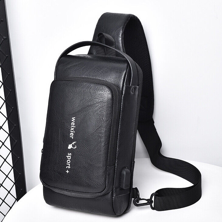 Top PU Leather Men's Crossbody Bag, Password Lock Sling Backpack Casual Daypack
