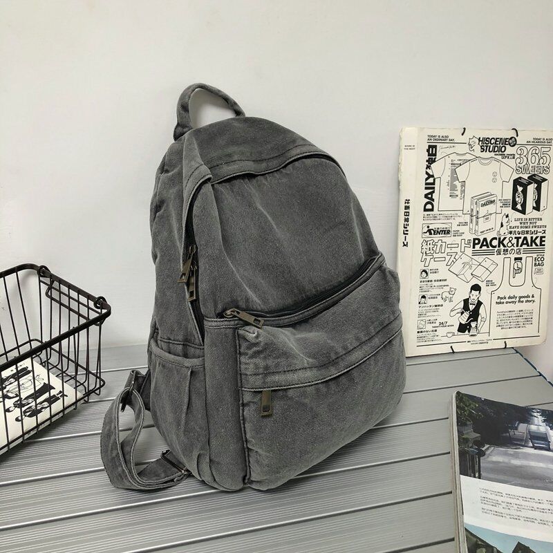 Gray Denim Backpack Women's Travel Outing Shoulder Bag Schoolbags Suitable