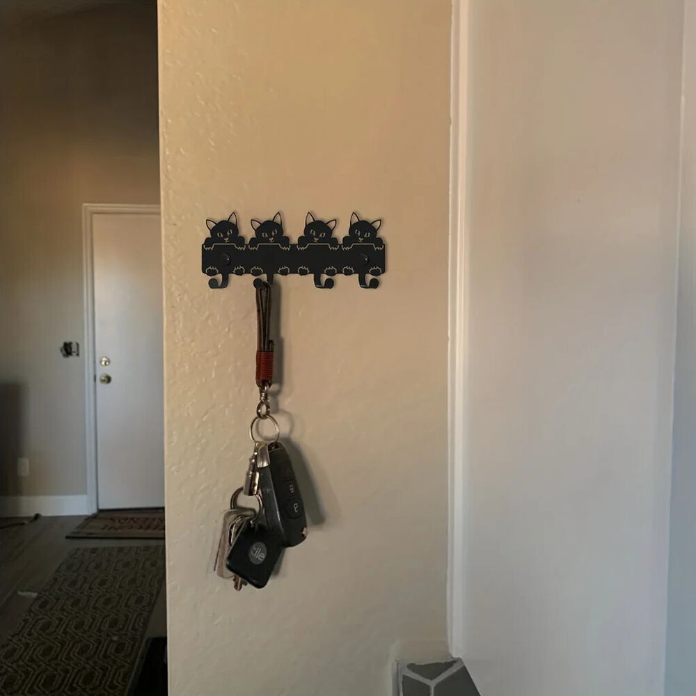 1pc Wall Mounted Cats Key Rack, Black Metal Key Holder, Storage Rack Hook
