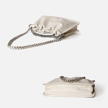 Small Real Leather Ruched Clutch Pouch Purse Tote Shoulder Bag Crossbody Chains