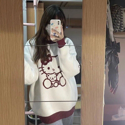 Cute Hello Kitty Sweet Embroidered Ladies Tops Cute Warm Sweater Loose Pullover