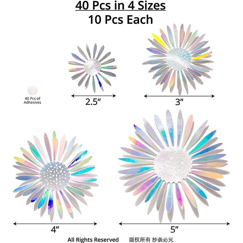 Holographic Daisy Wall Stickers 40Pcs PVC Iridescent 3D Flowers Removable Decals
