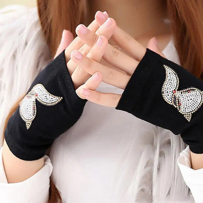 Women Fingerless Gloves Black Colour Half Finger Animals Pattern Rose Embroidery