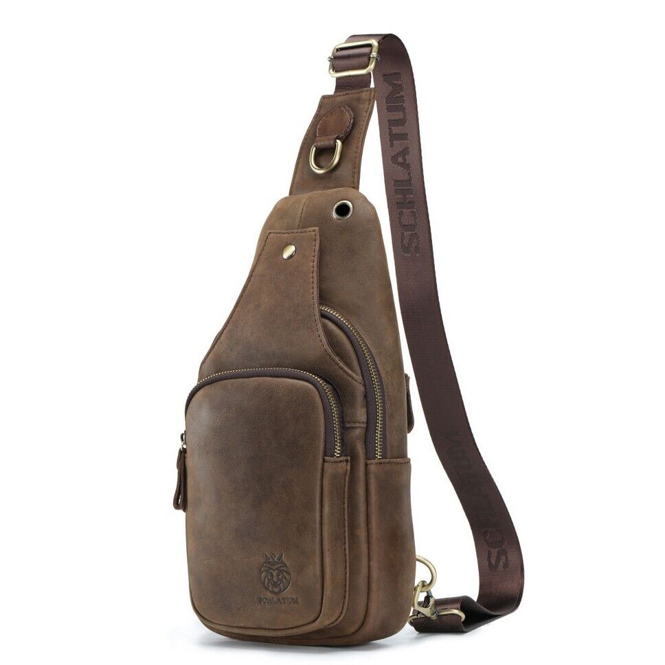 Top Cow Leather Sling Backpack, Men's Crossbody Chest Bag Leather Sport Daypack