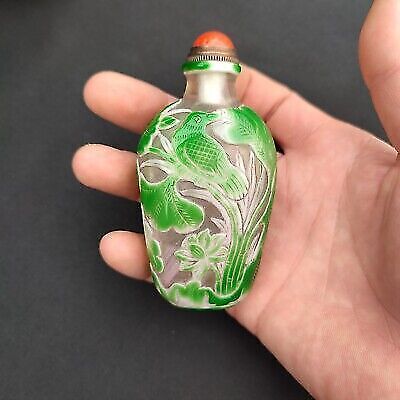 chinese carved snuff bottle glass frog lotus flower bird overlay snuffbox nice