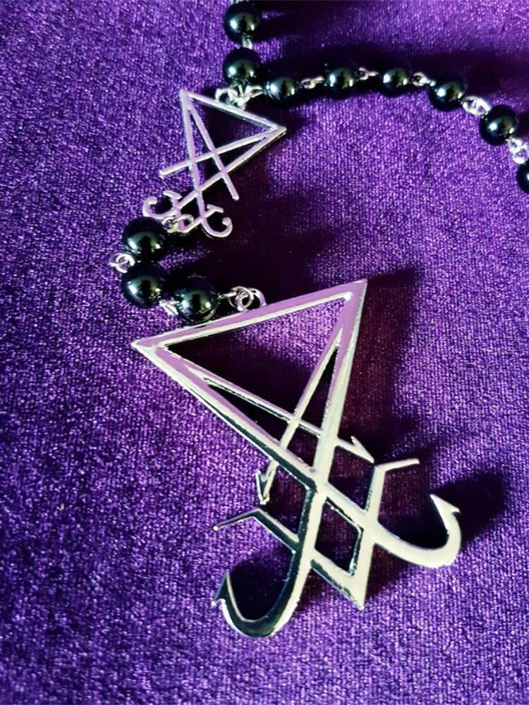 Sigil Lucifer Necklace Small Red Black Agate Satan Baphomet Glass Crystal Beads