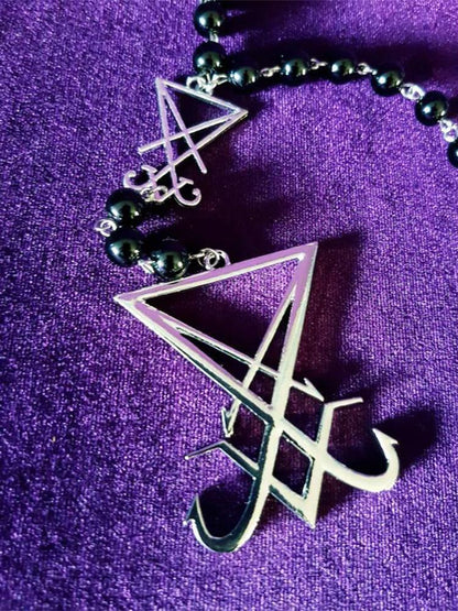 Sigil Lucifer Necklace Small Red Black Agate Satan Baphomet Glass Crystal Beads
