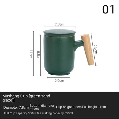 Mug 350ml Ceramic Wood Teacups W/ Lid & Filter Tea Separation Large Capacity Cup