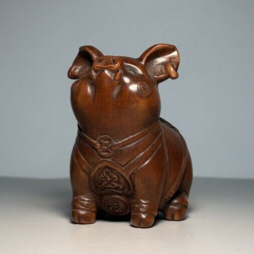 Vintage Wooden Ornament Carving Cute Pig Statue Animal Figurine Home Decor Gift