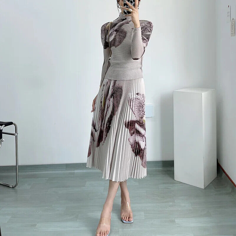 Spring Miayke Long Sleeve Women'S T-Shirt Bottomed Blouse+Pleated Skirt