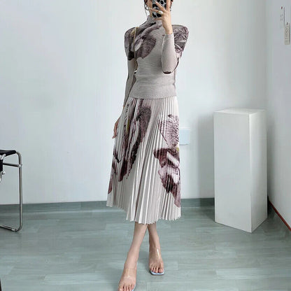 Spring Miayke Long Sleeve Women'S T-Shirt Bottomed Blouse+Pleated Skirt