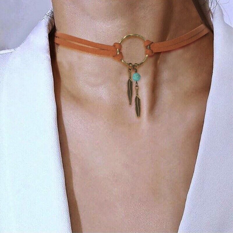 Women Necklace Alloy Brown Leather Chain Boho Choker Feather Bead Pendant 39.5cm