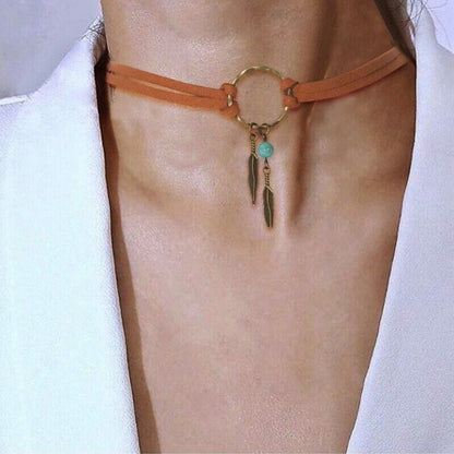 Women Necklace Alloy Brown Leather Chain Boho Choker Feather Bead Pendant 39.5cm